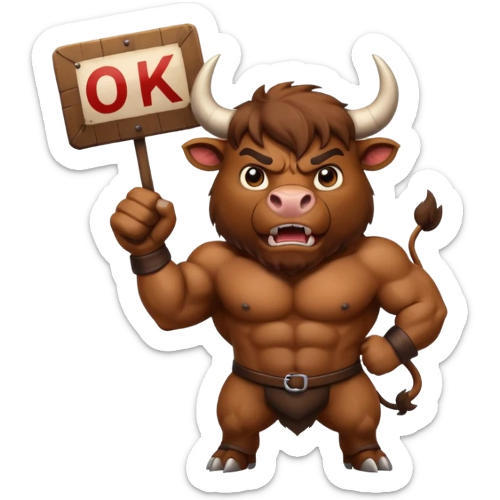 Angry powerful bull emoji holding a sign with the words OK in front of it sticker