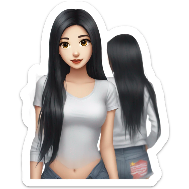 girl, long black hair, kpop idol, standing, beautiful girl, very hot girl, russian american sticker