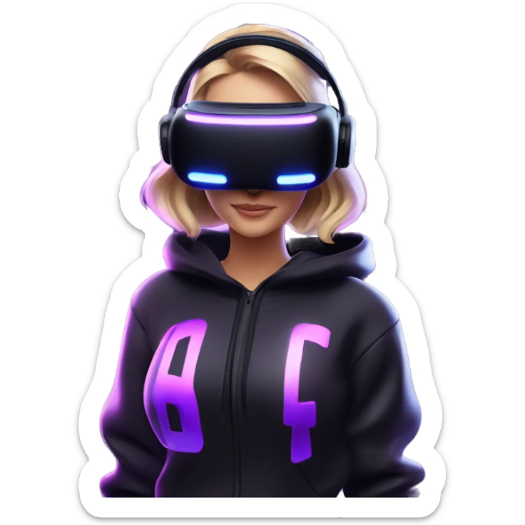 Russian girl wearing black hoody with violet letters "OMG", in vr headset oculus quest2. Dancing. Cyberpunk style. Violet neon. sticker