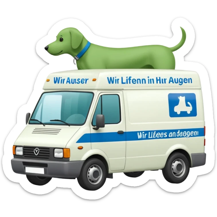 a white delivery van with green and blue color on the delivery van tarpaulin. Text: Wir liefern bis an die Türe. Ausser Ihr Hund ist dagegen" sticker