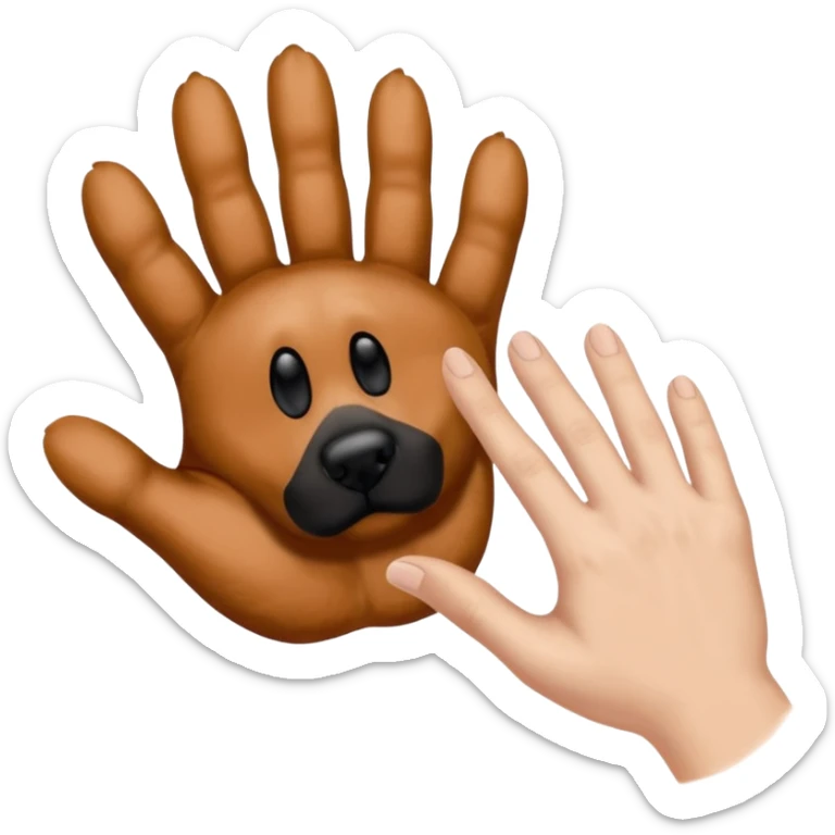 there is a drawing of a human hand gently reaching toward a dog’s paw. The dog has brown fur with black areas, and the paw is extended like it’s about to touch the person’s fingers sticker
