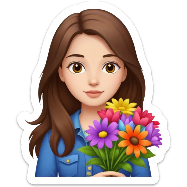Cool girl with long brown hair holding a bouquet of flowers sticker