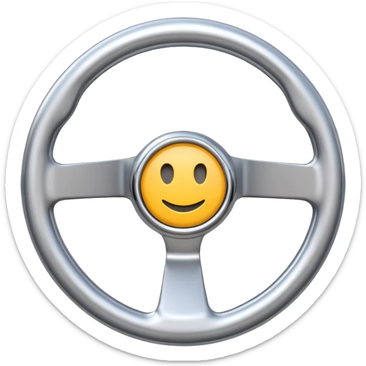 A futuristic steering wheel emoji made of silver chrome, minimal geometric design, smooth metallic surface, soft reflections, iOS emoji style, centered, clean white background sticker