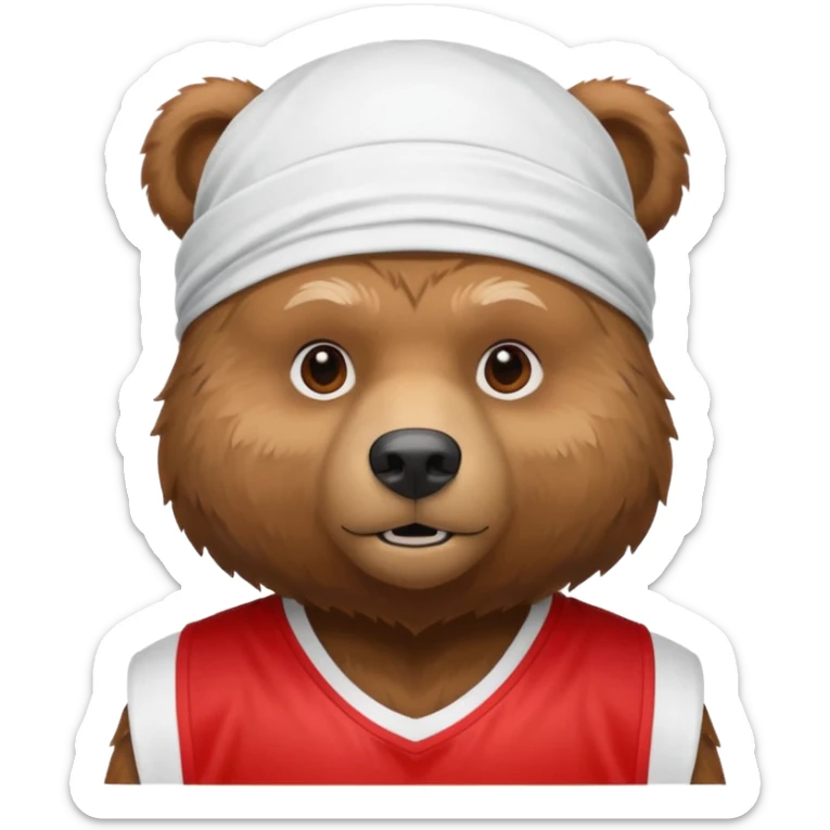 cute Russian grizzly bear wearing a white durag and a red basketball jersey sticker