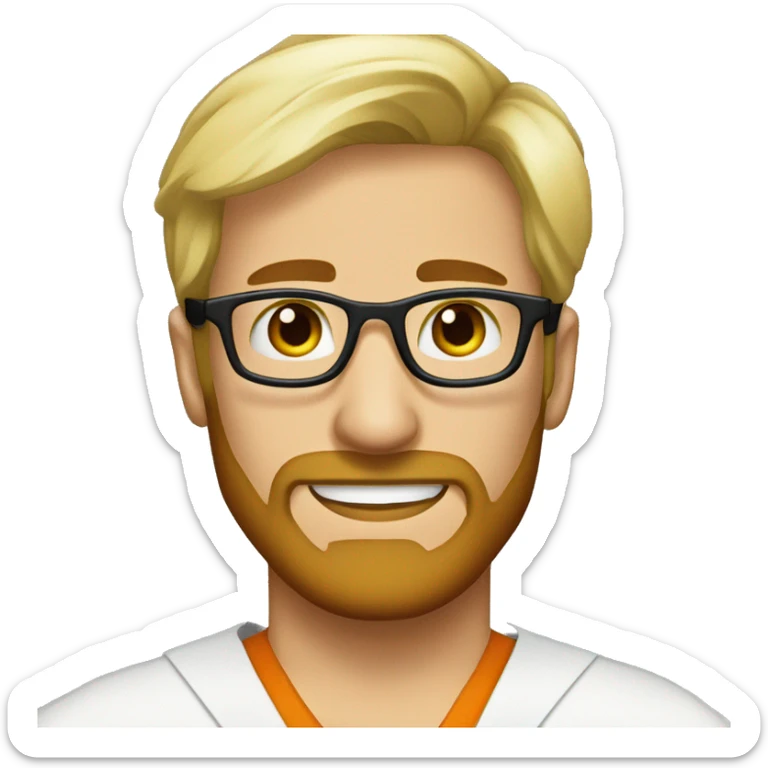 Blond male artist wearing doctor scrubs and round tortoiseshell glasses and short blond beard profile pic sticker