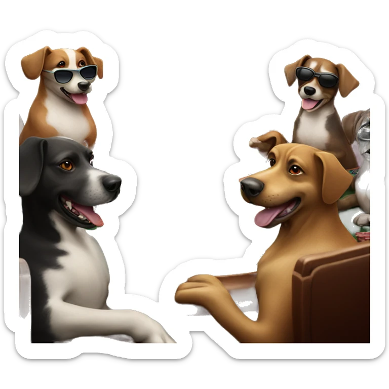 Group of dogs playing poker at poker table, wearing shades, holding 2 cards sticker