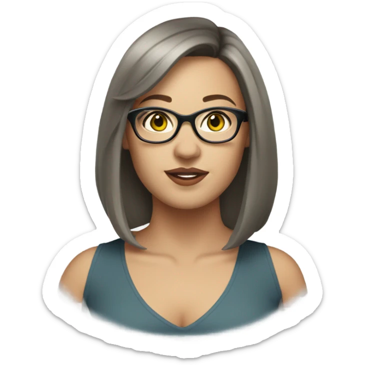 White young curvy woman with shoulder length brown hair, sideswept bangs, grey-green eyes, singer, blue glasses sticker