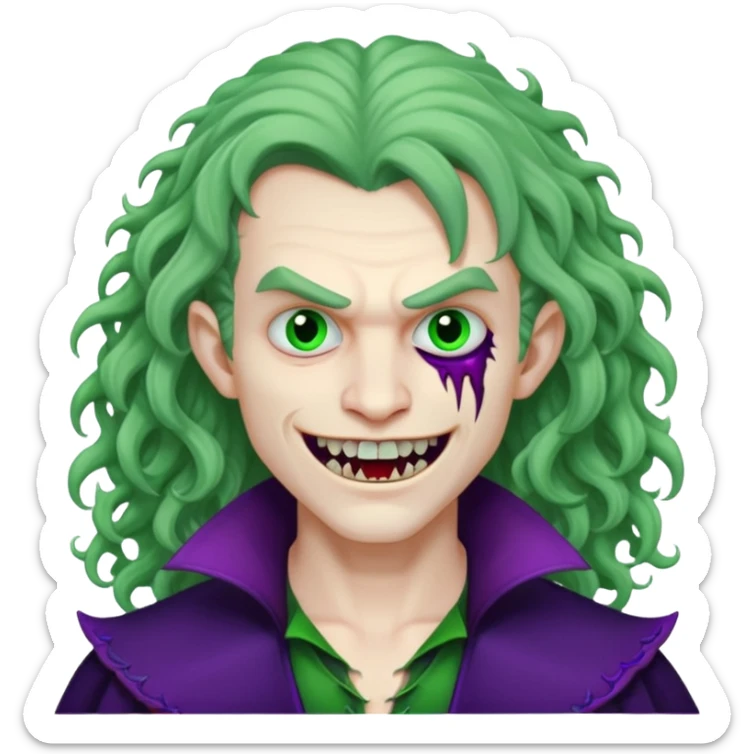 Vampire, long curly hair, male, fanged teeth, stitches with one side of face green and the other side purple, sticker