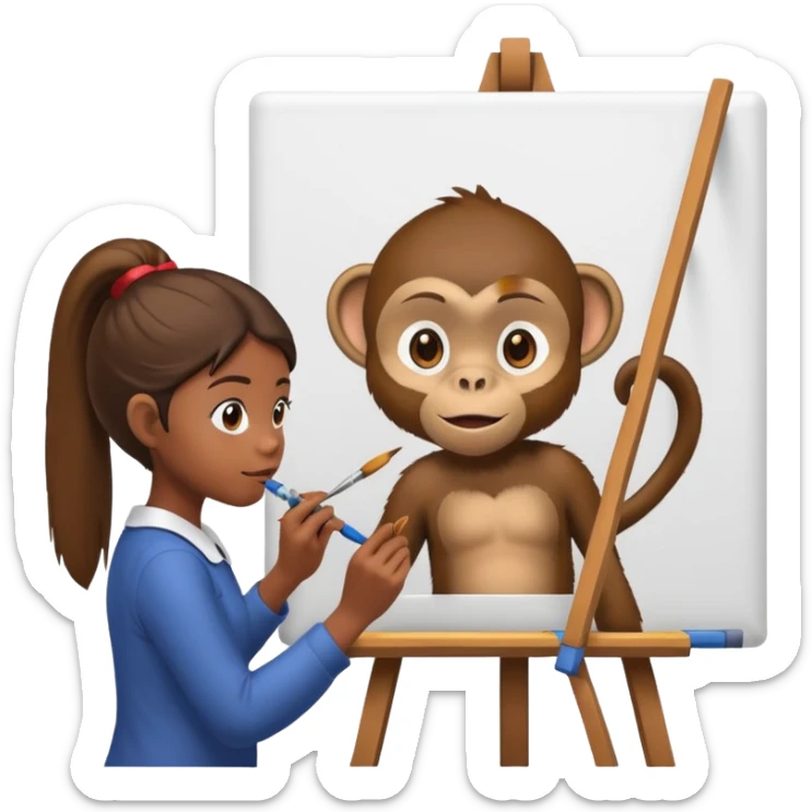 The girl looks like a monkey is painting picture of  monkey on the wall sticker
