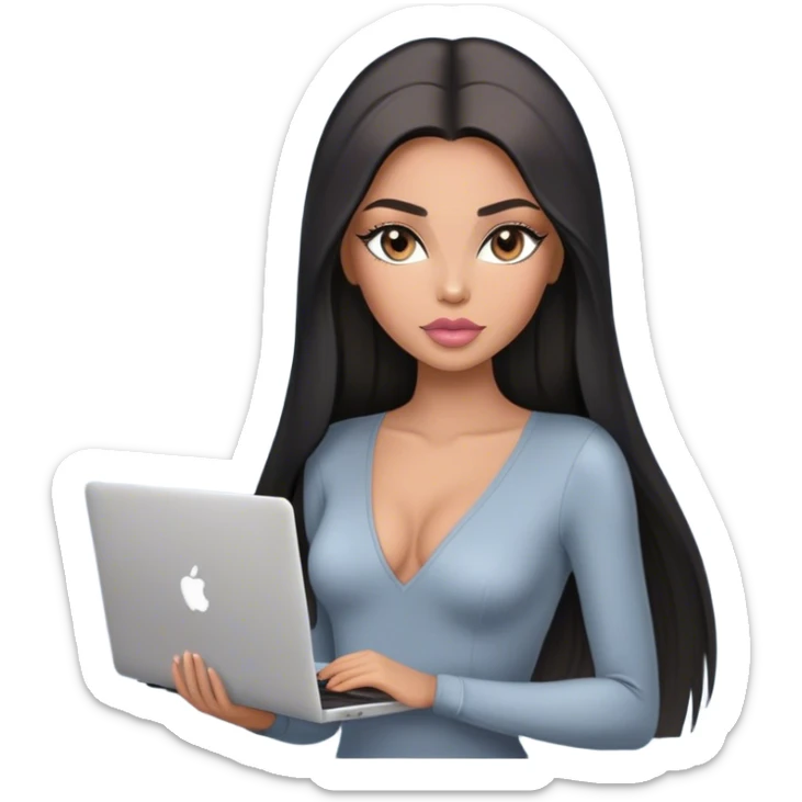 Glamours, tanned, very beautiful girl, with big pump peach-beige-rose lips, long lashes, black straight smooth silky long hair, straight parting hair, blue-grey eyes, in light-grey v-neck bodysuit holding MacBook sticker