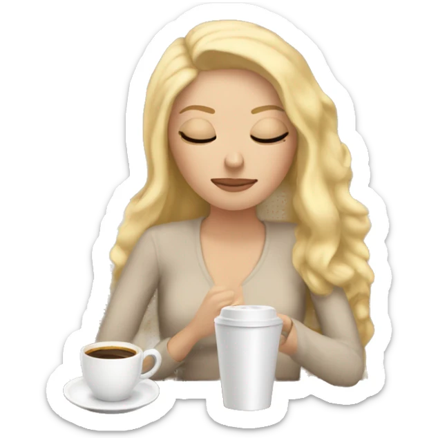 White Girl with blonde hair sipping coffee with eyes closed and beige blanket around head laying down on couch  sticker