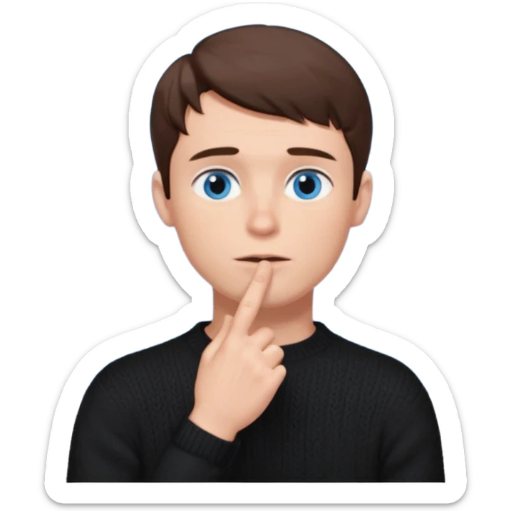 man in black knitted sweater in thinking pose, blue eyes brown hair, index finger touching his chin, eyes looking up to the top right sticker