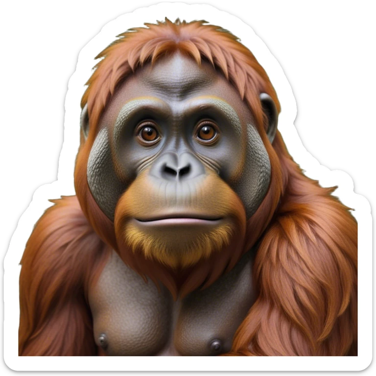Cinematic Noble Orangutan Portrait Emoji, Poised and regal, with a robust, thoughtful build and deep, soulful eyes framed by rich, textured fur, Simplified yet sharp and sophisticated features, highly detailed, glowing with a soft, earthy glow, high shine, intelligent and contemplative, stylized with an air of ancient wisdom, focused and commanding, soft glowing outline, capturing the essence of a watchful and confident guardian that appears ready to step out of the screen with timeless authority! sticker