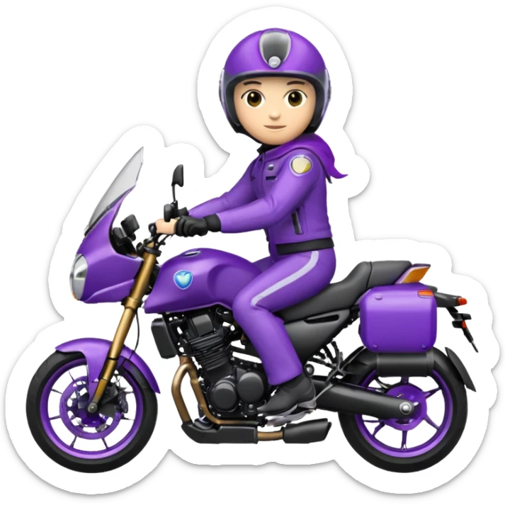 Créer un emoji avec une moto mt07 sport noir mate / violet iridescent très foncé, pare-brise de la moto violet. Avec une pilote dessus, visage complet caché  par la visière violette . Avec en arrière plan cercle violet. sticker