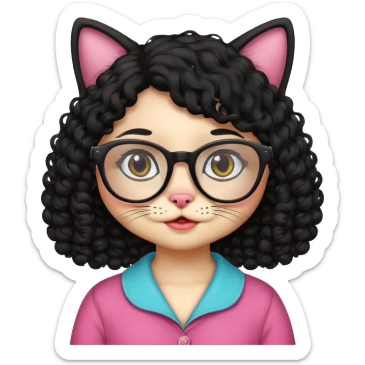 a girly cute cat with glasses and black curly hair sticker