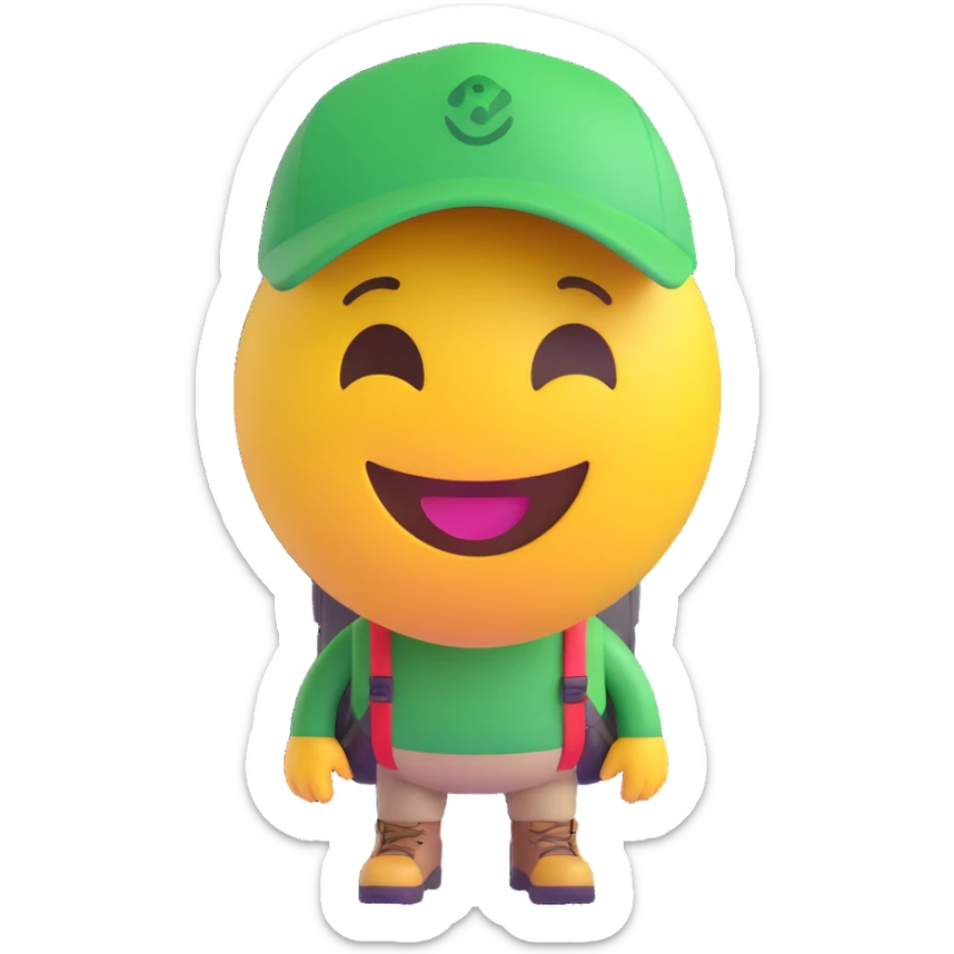 3D smiley emoji, round shape, grandparents on a hike, yellow and green color, smiling face sticker