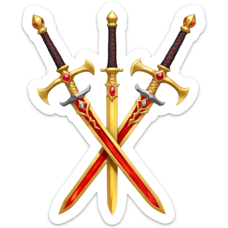 Two crossed swords that are golden in blade and handle and have fiery and royal appearence to them as well as red gem stones yellow in color sticker