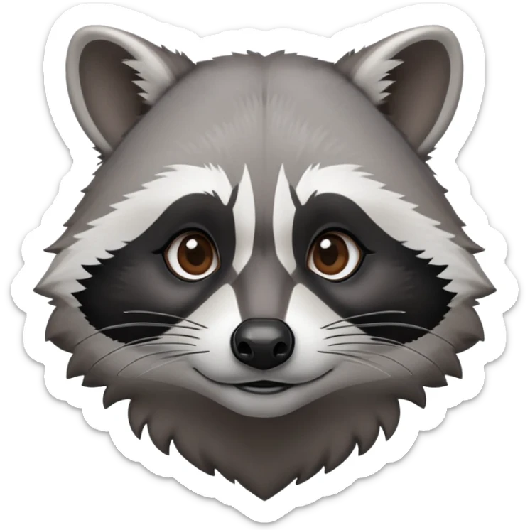Cinematic-Noble-Raccoon-Portrait-Emoji – Poised and confident, with a sturdy build and a beautifully textured fur of silver-grey accented by dark black facial markings, deep-set, intelligent brown eyes, simplified yet sharp and sophisticated zoom out to show shoulders sticker