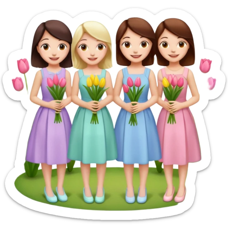5 girls at a garden party wearing pastel dresses and holding tulips sticker