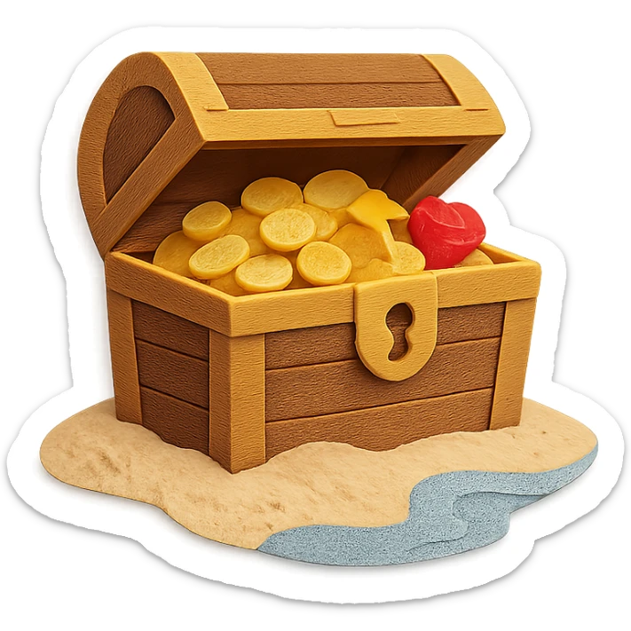 illustration of a treasure chest overflowing with gold coins and jewels on a sandy beach, paper-craft style sticker