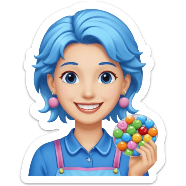 candy shop vendor, looking like candy with candy earrings and candy hair with big smile and blue sticker