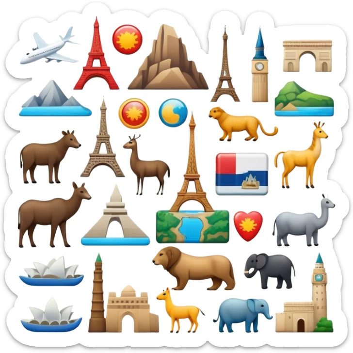 Icon for Magnet Collecting: a variety of colorful magnets with iconic landmarks, animals, and symbols from different countries, neatly arranged on a magnetic board or fridge. The icon should convey the fun and diversity of magnet collecting. Transparent background. sticker