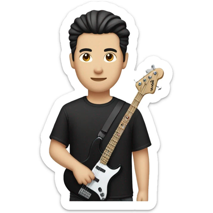  chinese guy with fair skin and man bun and black shirt and bass guitar sticker