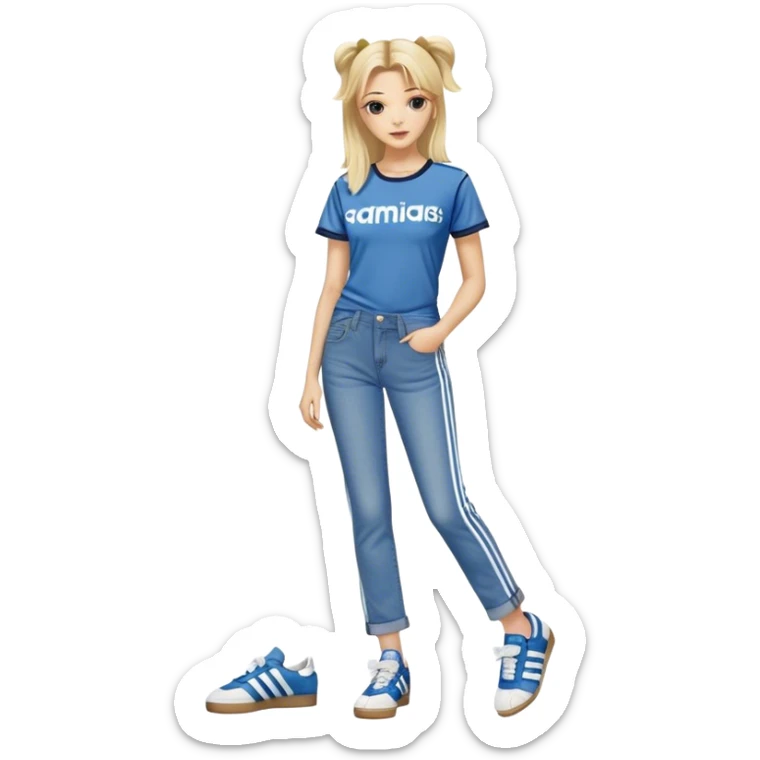 Beautiful Blonde woman standing up posing with one leg slightly crossed over the other leg, wearing denim straight jeans, a pair of adidas og samba shoes and a cute top with small bows on it sticker