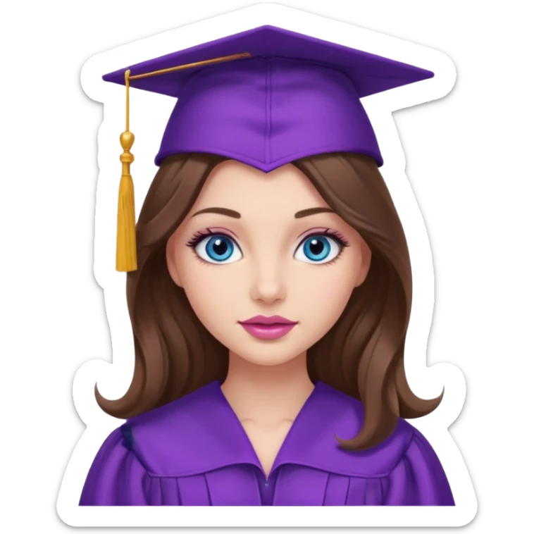 girl with gorgeous lightly curled long brown hair, blue eyes, long lashes makeup, sexy pink lips, wearing a purple graduation cap and gown sticker