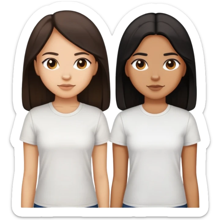 Sisters, light skin with dark brown long hair, tan skin black long hair, and tan skin dark brown short hair, white tee sticker