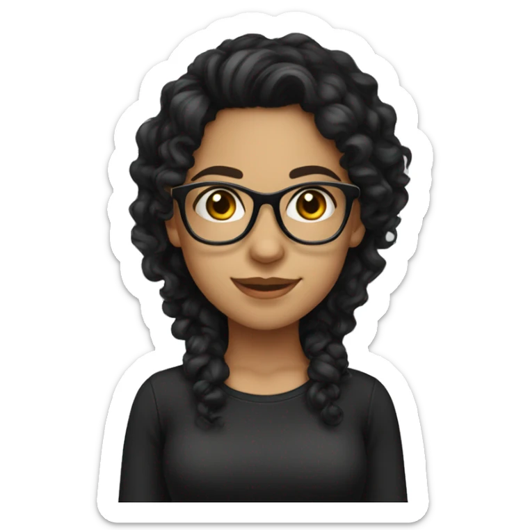 Pretty Hispanic girl with long black curly hair with glasses and black shirt sticker
