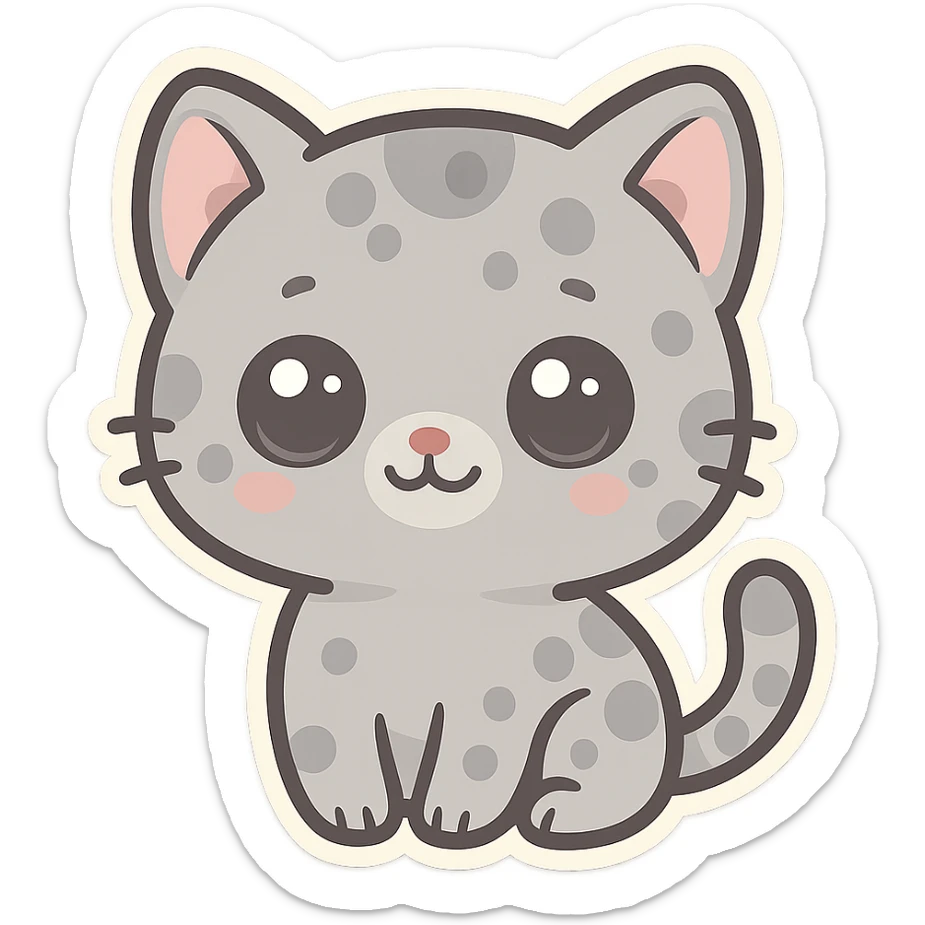 Cute emoji of a small gray cat with black spots, big shiny kawaii eyes, tiny pink nose, and a sweet smiling expression. Minimalist design, clean vector style, high resolution, soft pastel colors, with a transparent background. sticker
