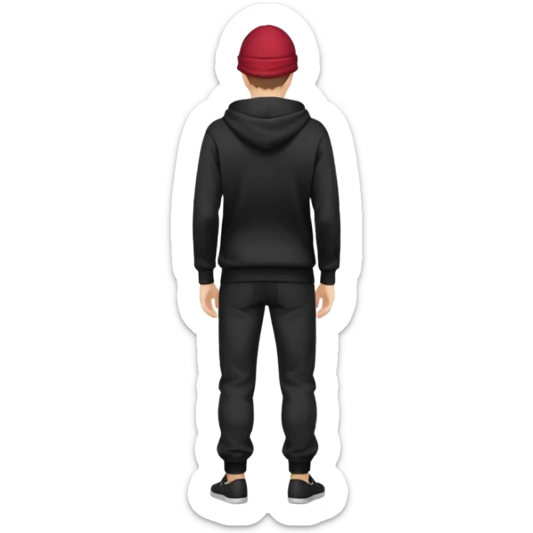 fullbody Mysterious shy caucasian man in black hoodie on head, hands in pockets and black pants rear backview sticker