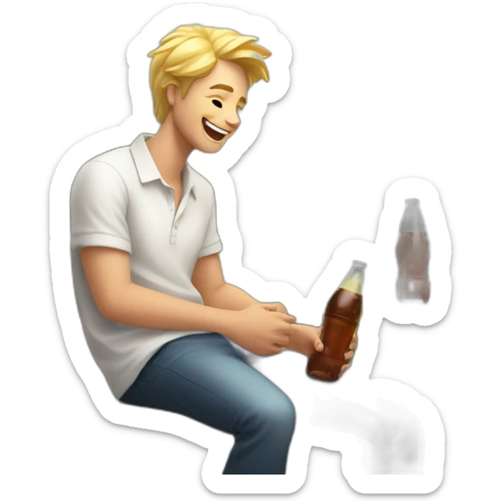 A blond male student in a white shirt with a bottle of soda in an open pose laughs on a bench sticker