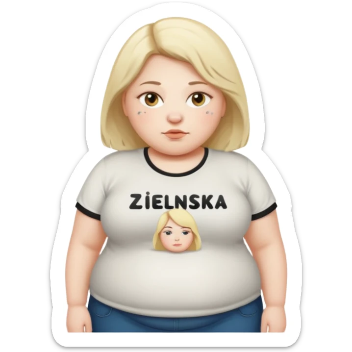 fat girl with letters „zielinska” on her shirt sticker