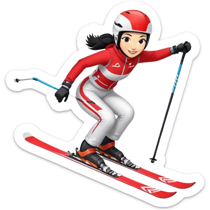 Skifahrerin Abfahrtshocke Anzug rot weiss Name Stephanie Ski Name Head schwarze Haare lächeln  sticker