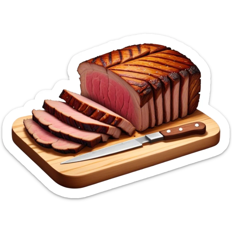 Cinematic smoked brisket, deep mahogany crust, perfectly sliced to reveal juicy marbled meat, warm smoky aroma, served on a wooden board, rich and flavorful, ultra-detailed and appetizing. sticker