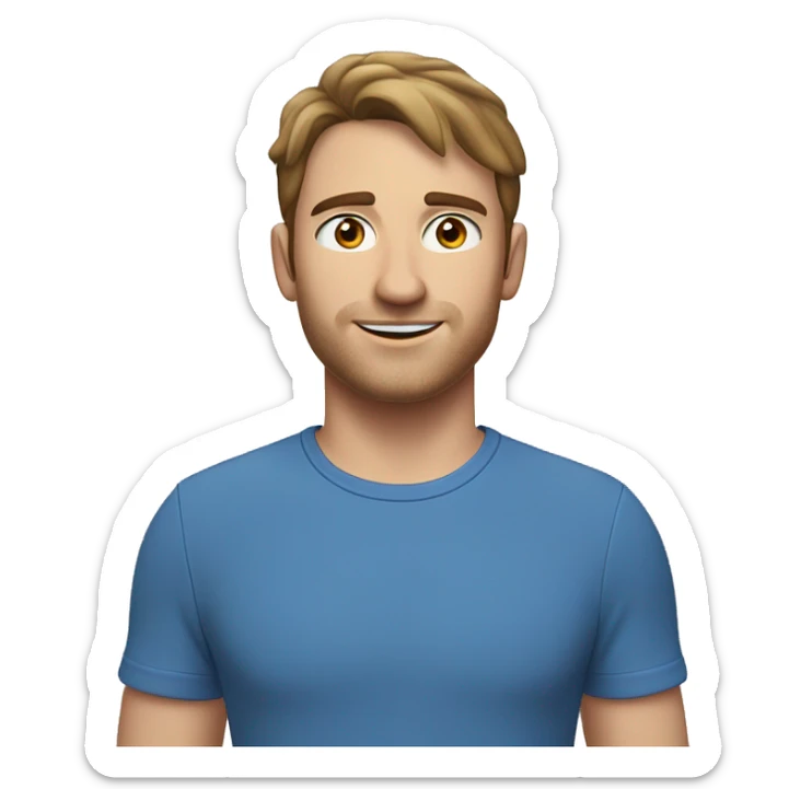 A head and shoulders shot of a 32 year old Caucasian man, with short brown hair,   with blue eyes wearing a t-shirt. sticker