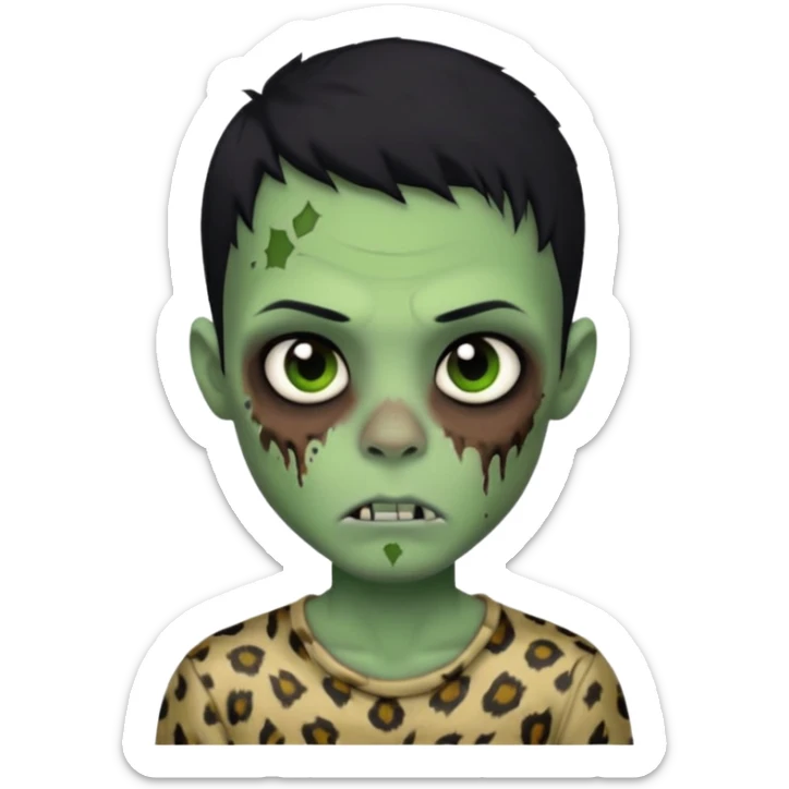 Zombie boy with green skin and sleepy eyes and scars on his face and a shirt that has cheetah texture and black hair sticker