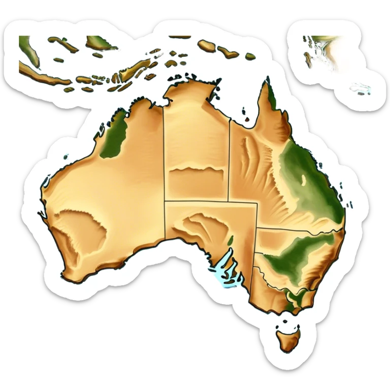 Outline and Landmass of Australia – map of Australia, featuring its distinct coastline and iconic landmass shape. The deep blue ocean surrounds the golden-brown continent, with subtle topographic details highlighting its vast deserts, lush forests, and rugged coastline. A soft glow accentuates the edges, making the shape unmistakable. sticker