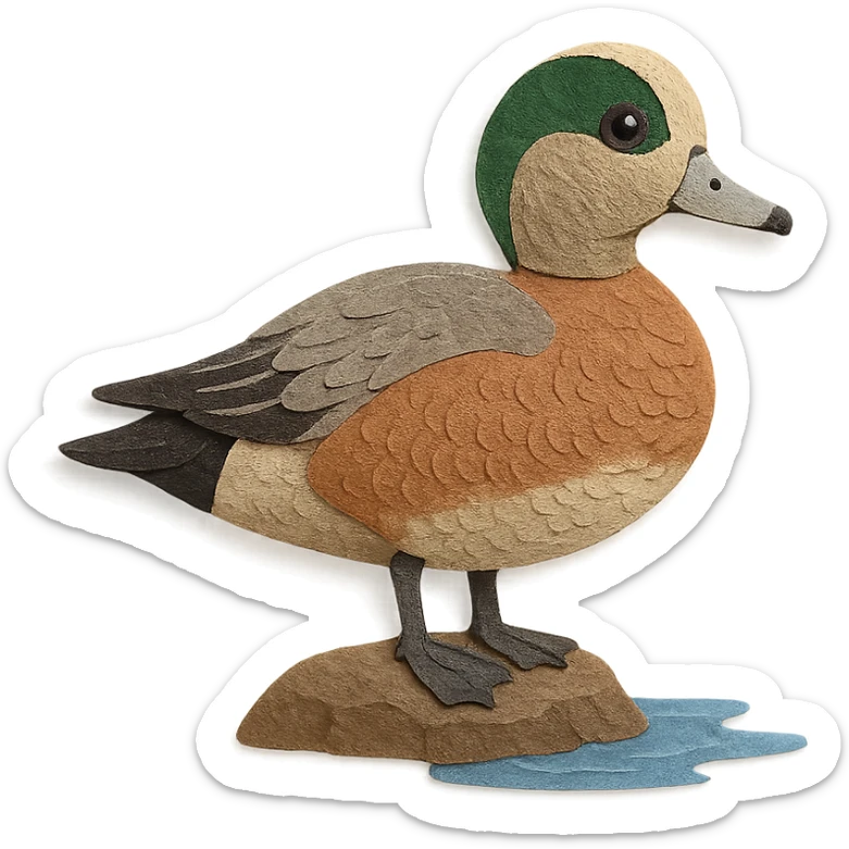 close-up of an American Wigeon in paper craft style, fine paper edges, subtle feather patterns, expressive eye, standing on a rock by water sticker