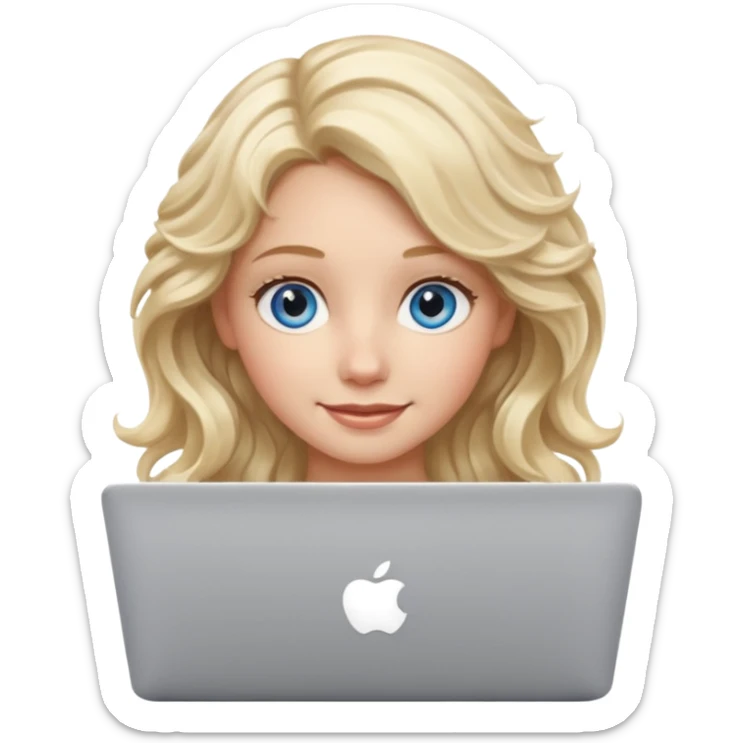 blond girl, blue eyes, hair wavy, , behind her silver colored laptop from apple, she looks straight infront of her, looks a bit taller sticker