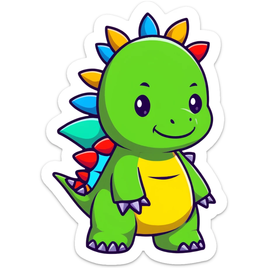 A cartoon baby stegosaurus toy with a cute onesie and tiny colorful spikes sticker