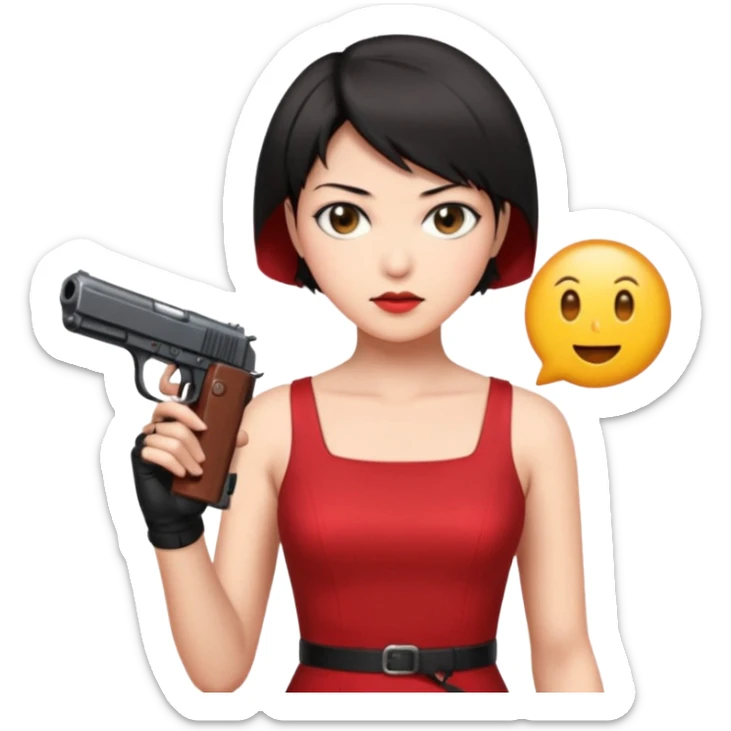 Ada Wong from Resident Evil, stylish woman with short black hair, wearing a red dress and holding a pistol, simple and expressive emoji style sticker