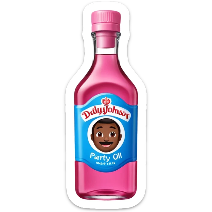 bottle of oil blue top pink outside with logo that says Diddy Party oil Johnson and Johnson  brand with a smiling berry on top sticker
