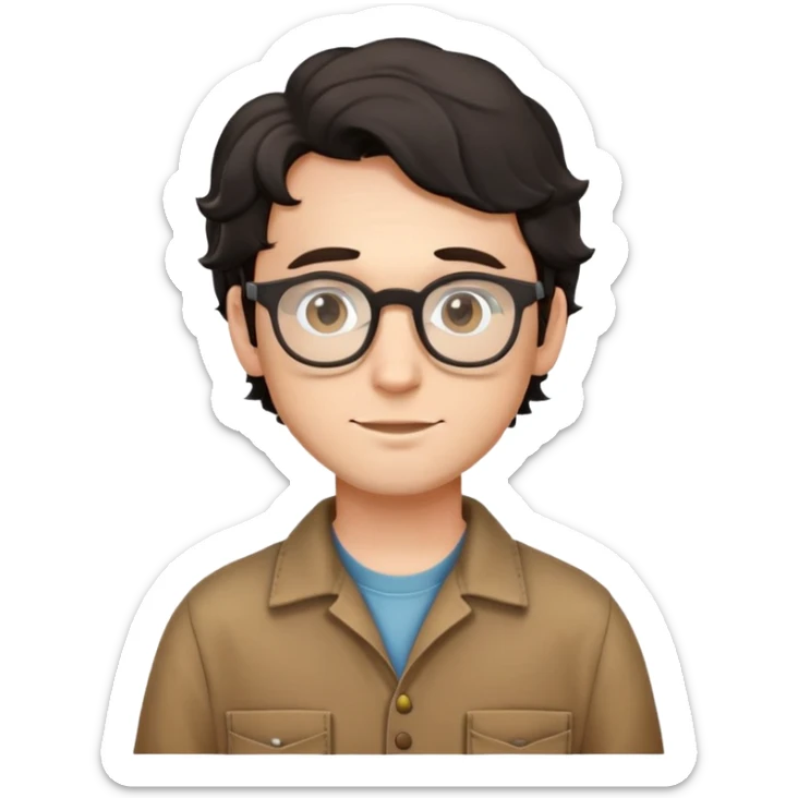 Young caucasian man with black wavy hair, round glasses, wearing brown carpenter outfit with shirt underneath sticker