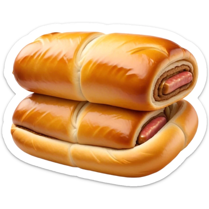 Cinematic Realistic Sausage Roll Dish Emoji, depicted with a crisp, golden pastry wrapped around flavorful sausage, rendered with detailed textures and appetizing lighting. sticker