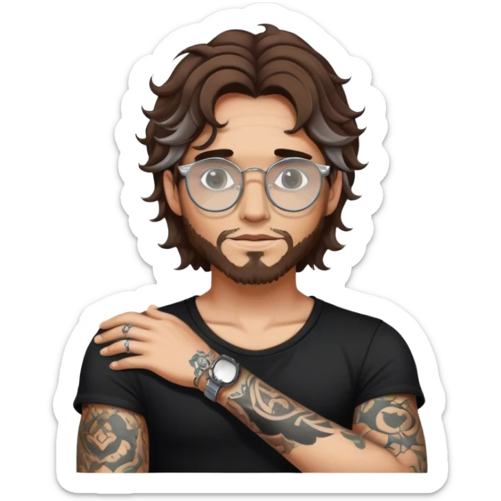a man with brown wavy hair, black top, white skin, silver round glasses, tattoos sticker