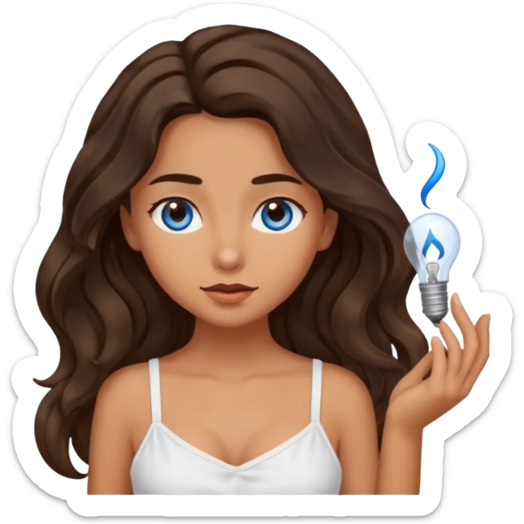 Girl with olive skin, blue eyes, brown dark insanely wavy long hair, white camisole, getting an idea sticker