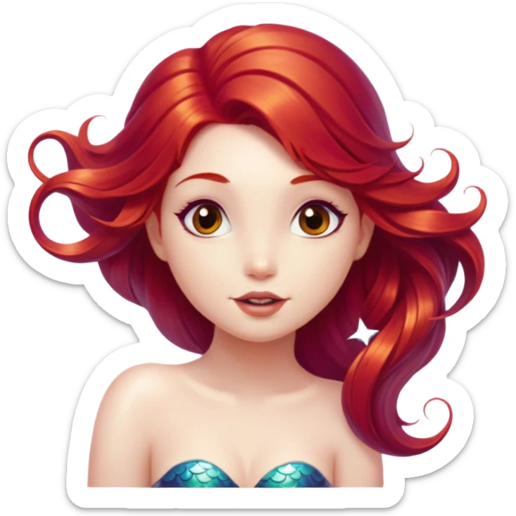 Cinematic Realistic Red Hair Mermaid Portrait, head tilted playfully and inquisitively, showcasing an ethereal form with finely detailed, flowing red hair against luminous porcelain skin. Her bright, curious eyes sparkle like hidden gems beneath the gentle caress of underwater light, rendered with lifelike clarity and warm, filtered illumination—capturing the essence of a spirited mermaid ready to splash playfully into your imagination. sticker